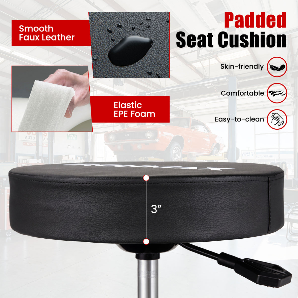 Rolling Mechanic Stool with Cushioned Seat & Dual Tool Trays 330 LBS