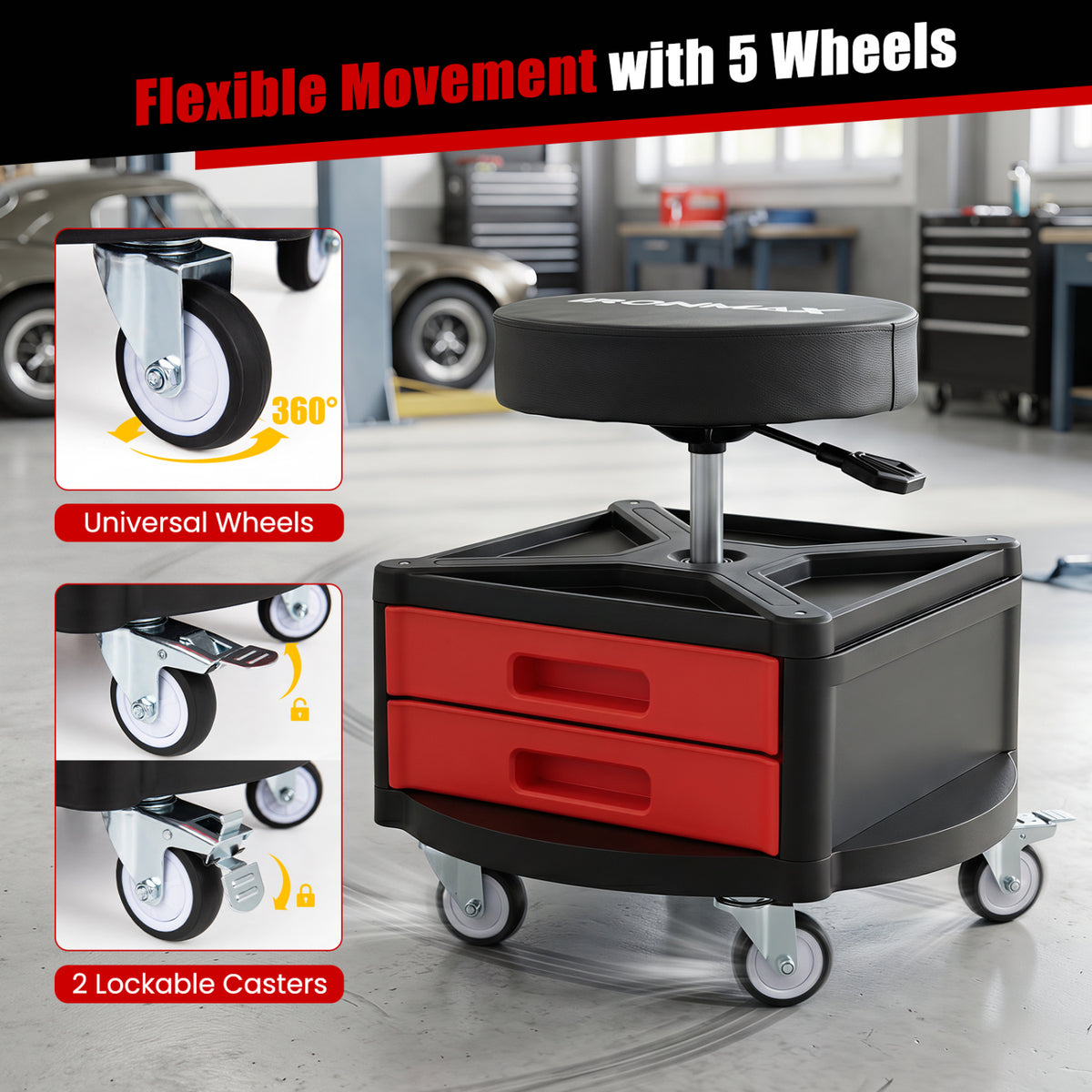 Rolling Mechanic Stool with Cushioned Seat & Dual Tool Trays 330 LBS
