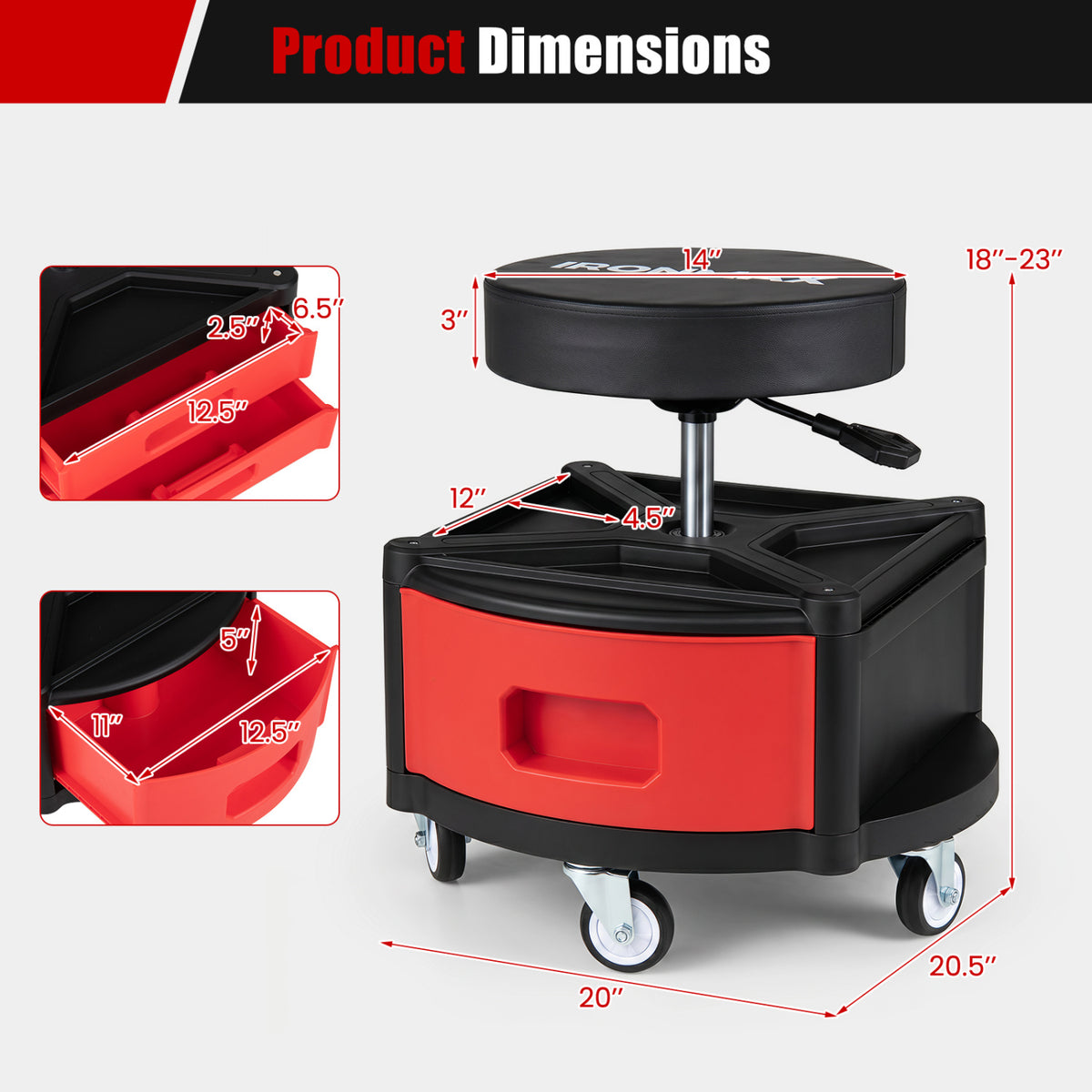Rolling Mechanic Stool with Cushioned Seat & Dual Tool Trays 330 LBS