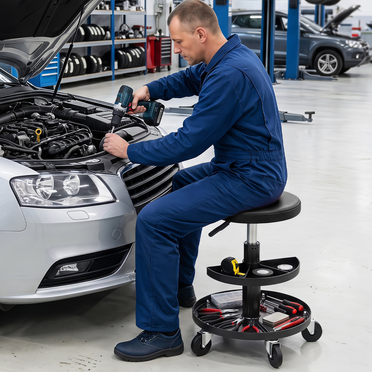 Adjustable Rolling Mechanic Stool with Tool Trays - Red