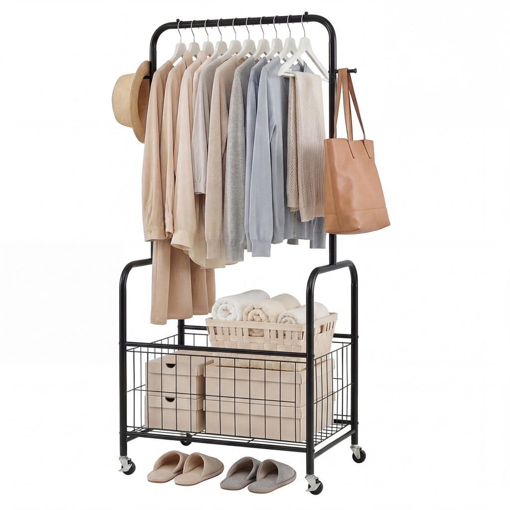Rolling Clothes Rack with Hanging Rod and Storage Basket - Black