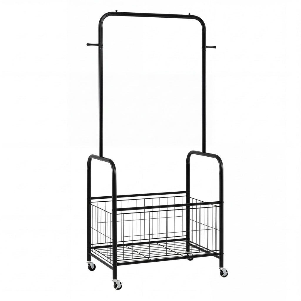 Rolling Clothes Rack with Hanging Rod and Storage Basket - Black