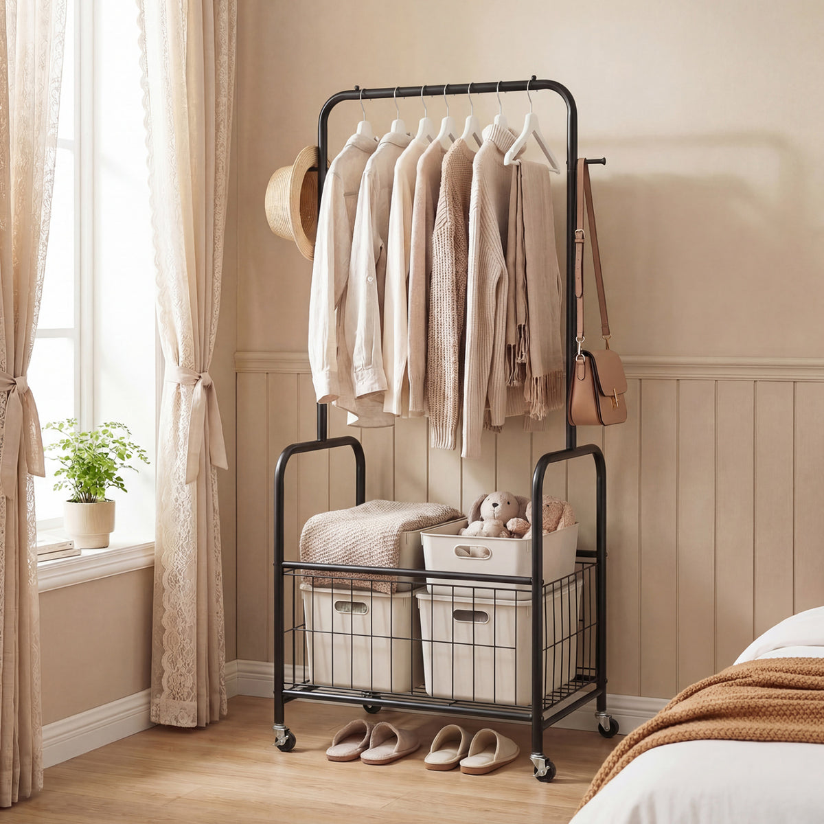 Rolling Clothes Rack with Hanging Rod and Storage Basket - Black