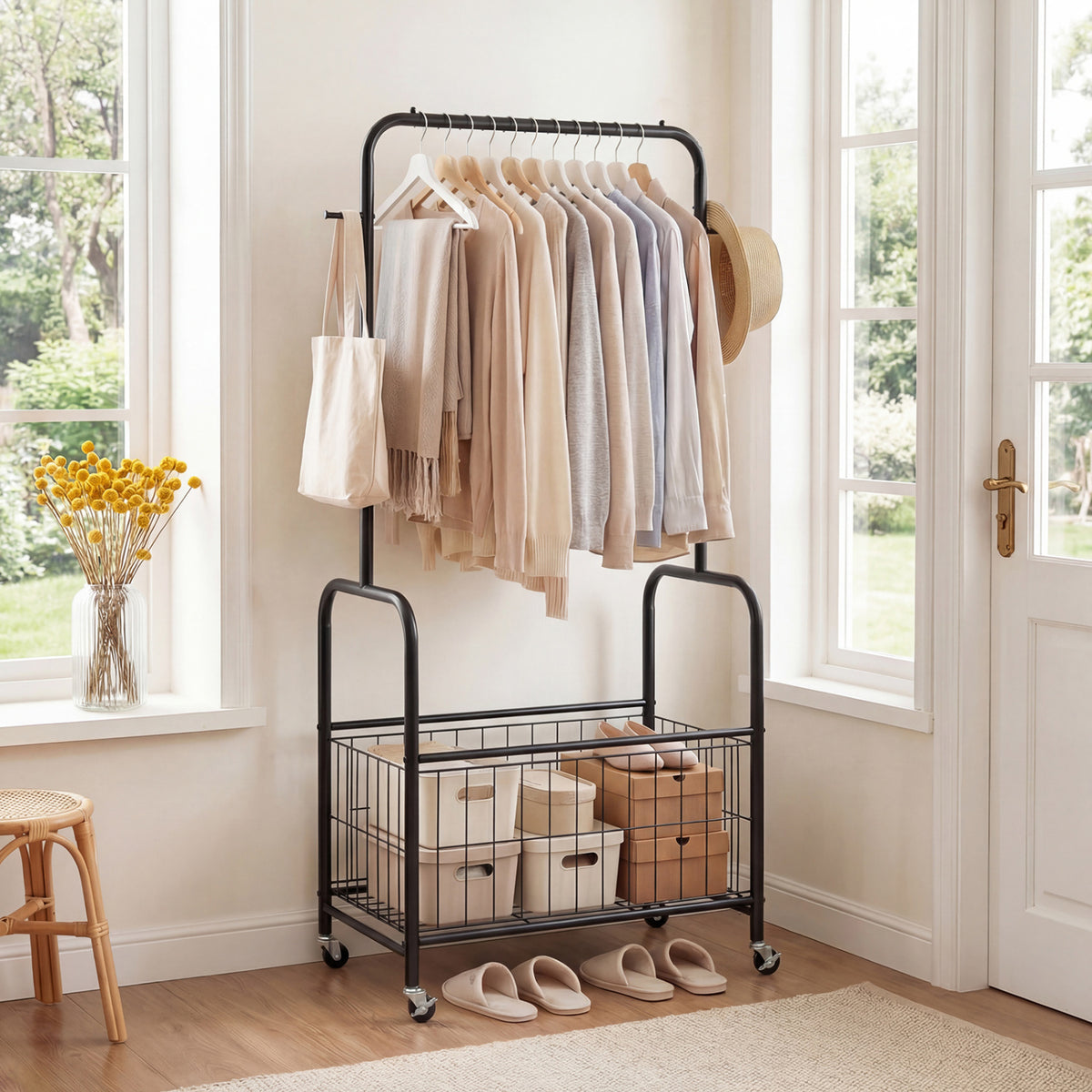 Rolling Clothes Rack with Hanging Rod and Storage Basket - Black