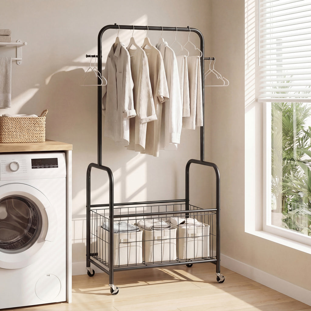 Rolling Clothes Rack with Hanging Rod and Storage Basket - Black