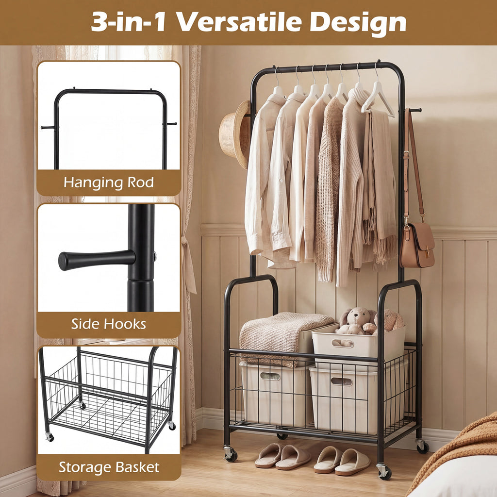 Rolling Clothes Rack with Hanging Rod and Storage Basket - Black