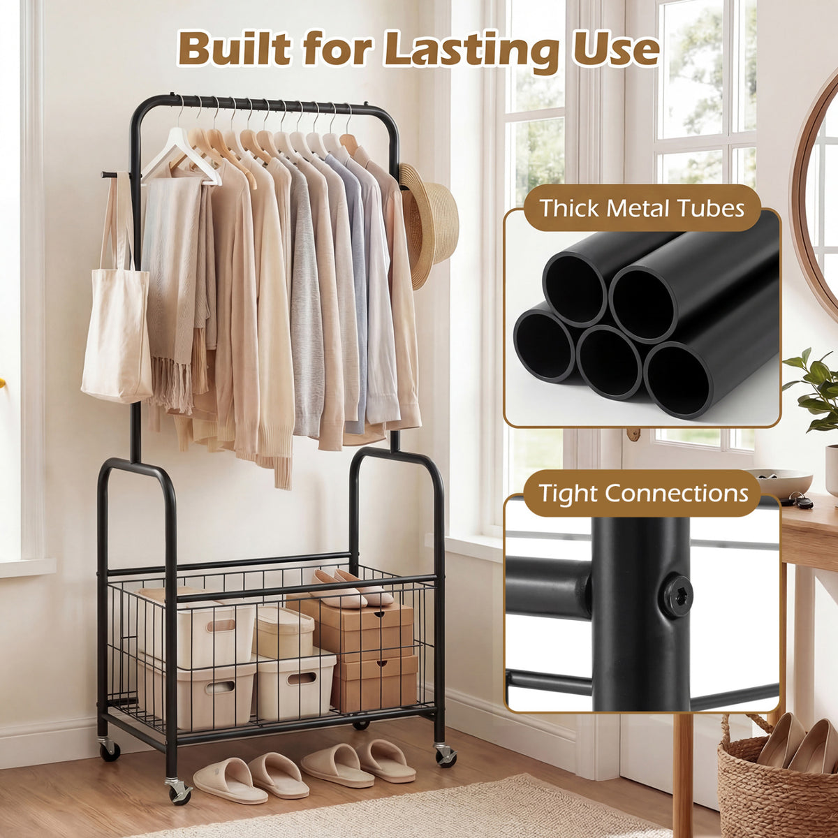 Rolling Clothes Rack with Hanging Rod and Storage Basket - Black