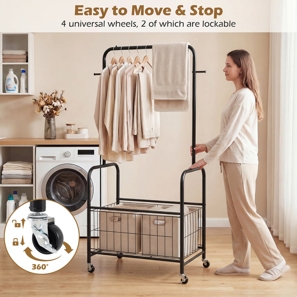 Rolling Clothes Rack with Hanging Rod and Storage Basket - Black