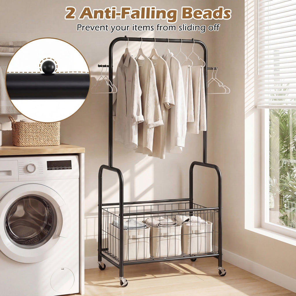 Rolling Clothes Rack with Hanging Rod and Storage Basket - Black