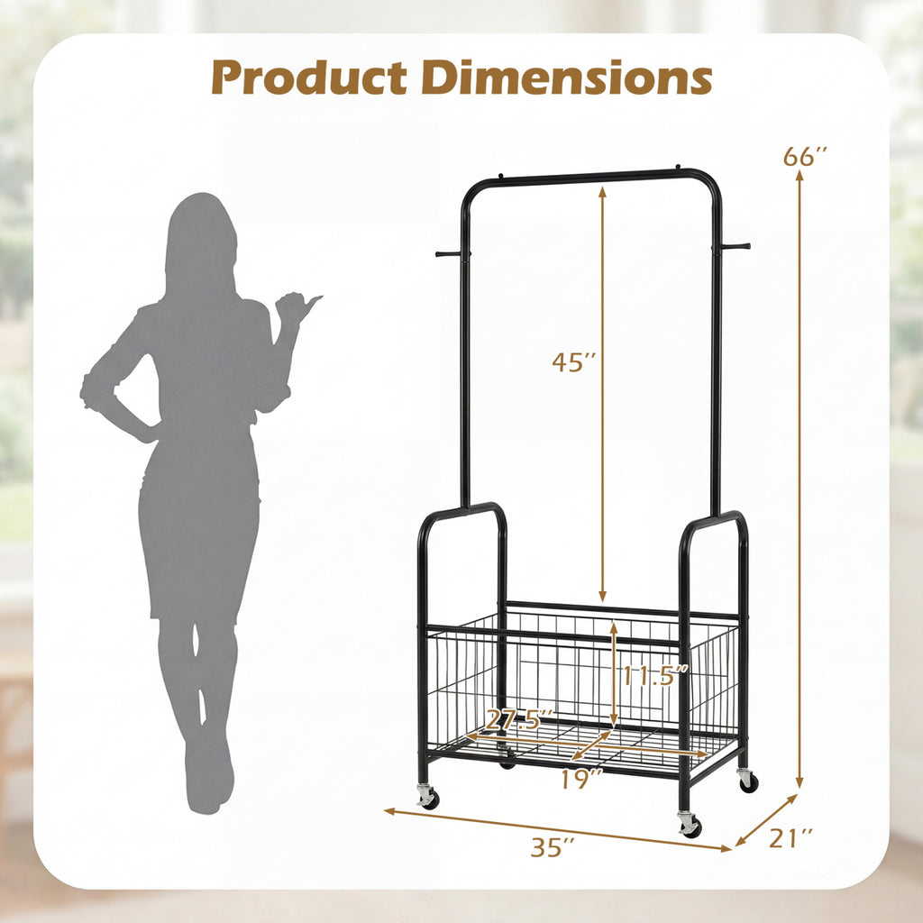 Rolling Clothes Rack with Hanging Rod and Storage Basket - Black