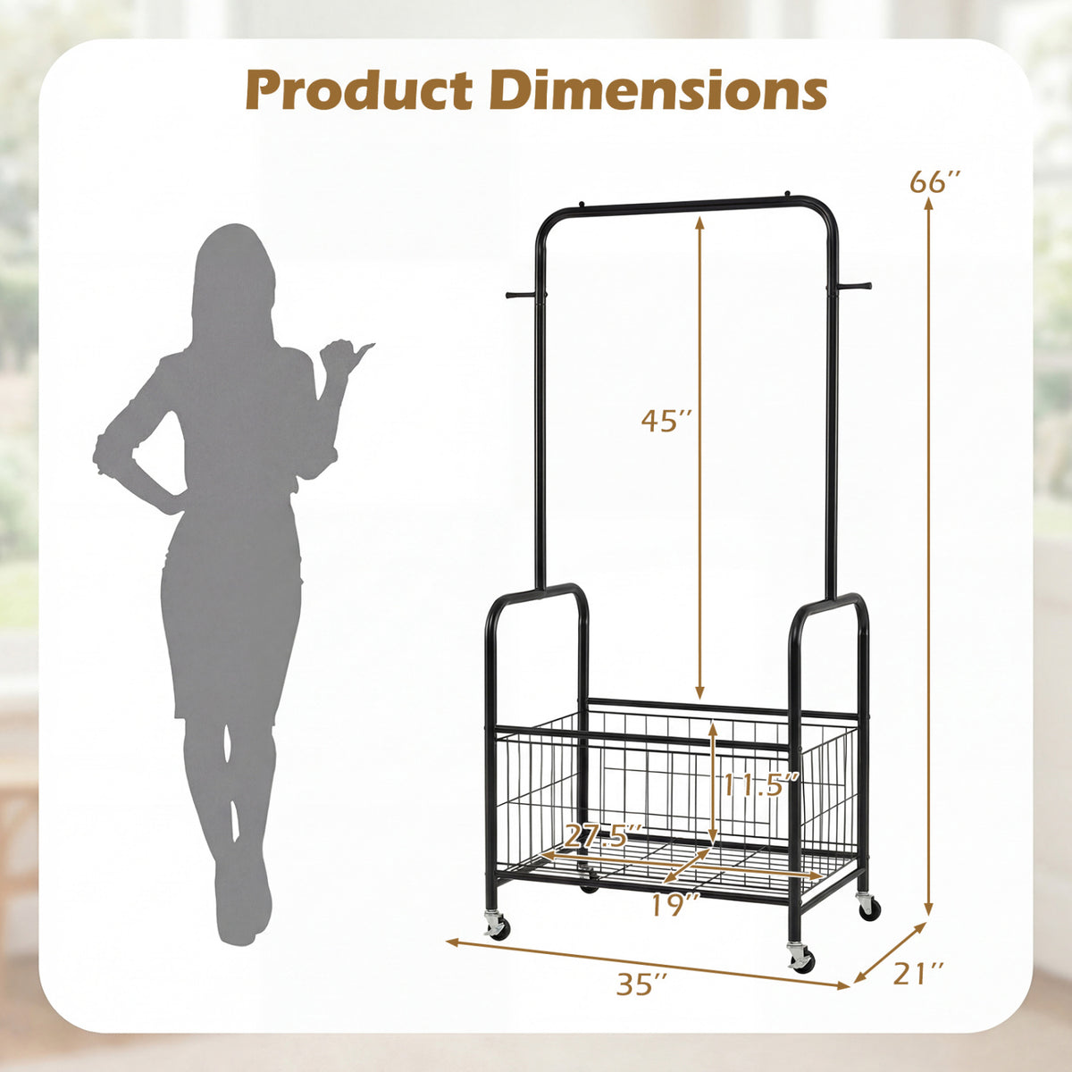 Rolling Clothes Rack with Hanging Rod and Storage Basket - Black