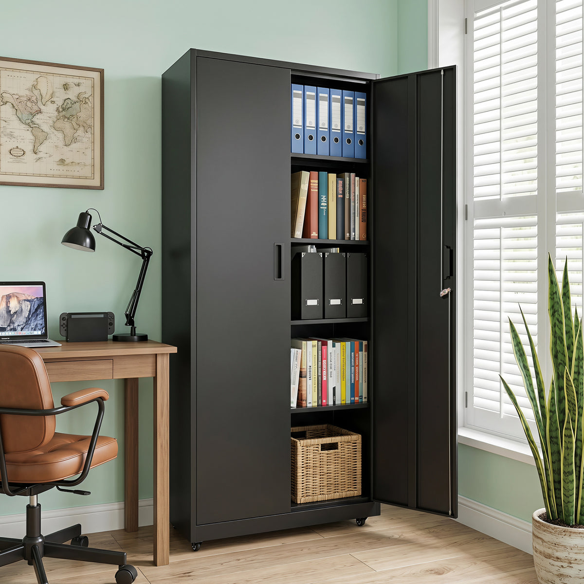 Rolling Metal Storage Cabinet 73" Lockable - Black