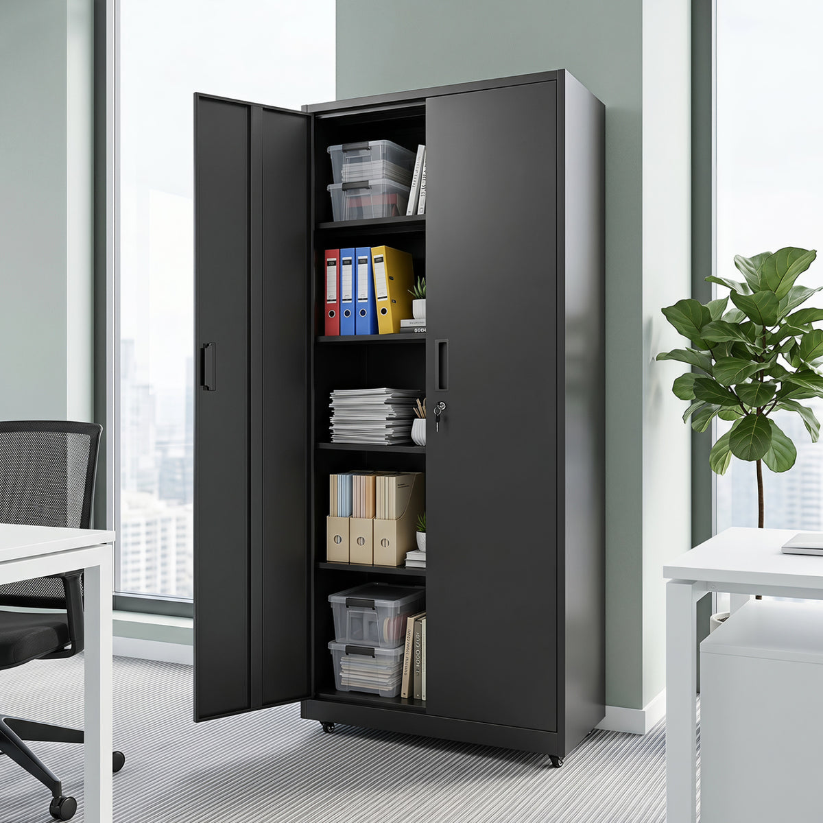 Rolling Metal Storage Cabinet 73" Lockable - Black