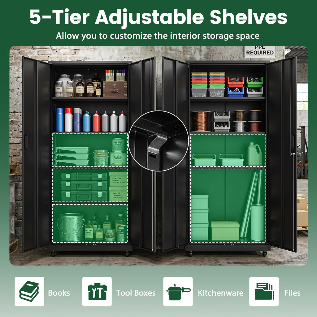 Rolling Metal Storage Cabinet 73" Lockable - Black