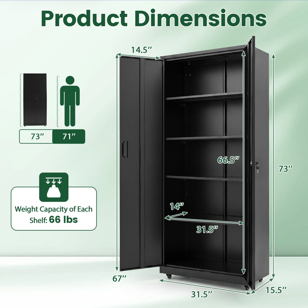 Rolling Metal Storage Cabinet 73" Lockable - Black