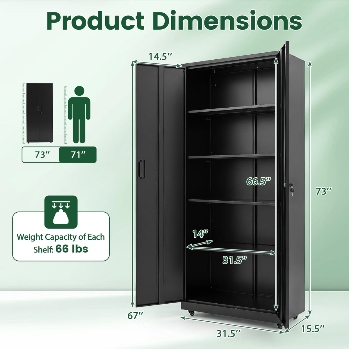 Rolling Metal Storage Cabinet 73" Lockable - Black