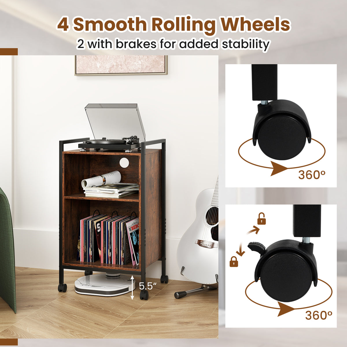 Record Player Stand with Power Outlet, Rustic Brown
