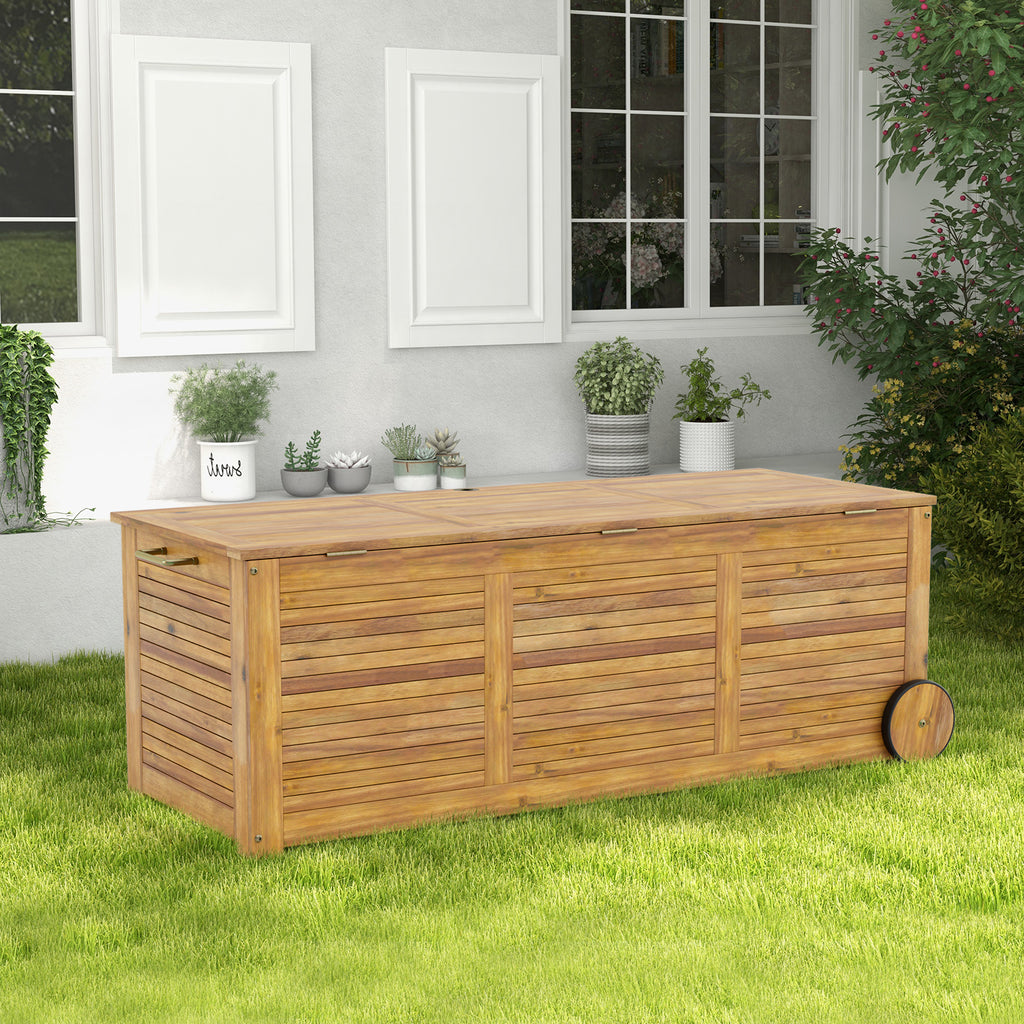 Rolling Patio Wooden Deck Box with 2 Wheels and Side Handle for