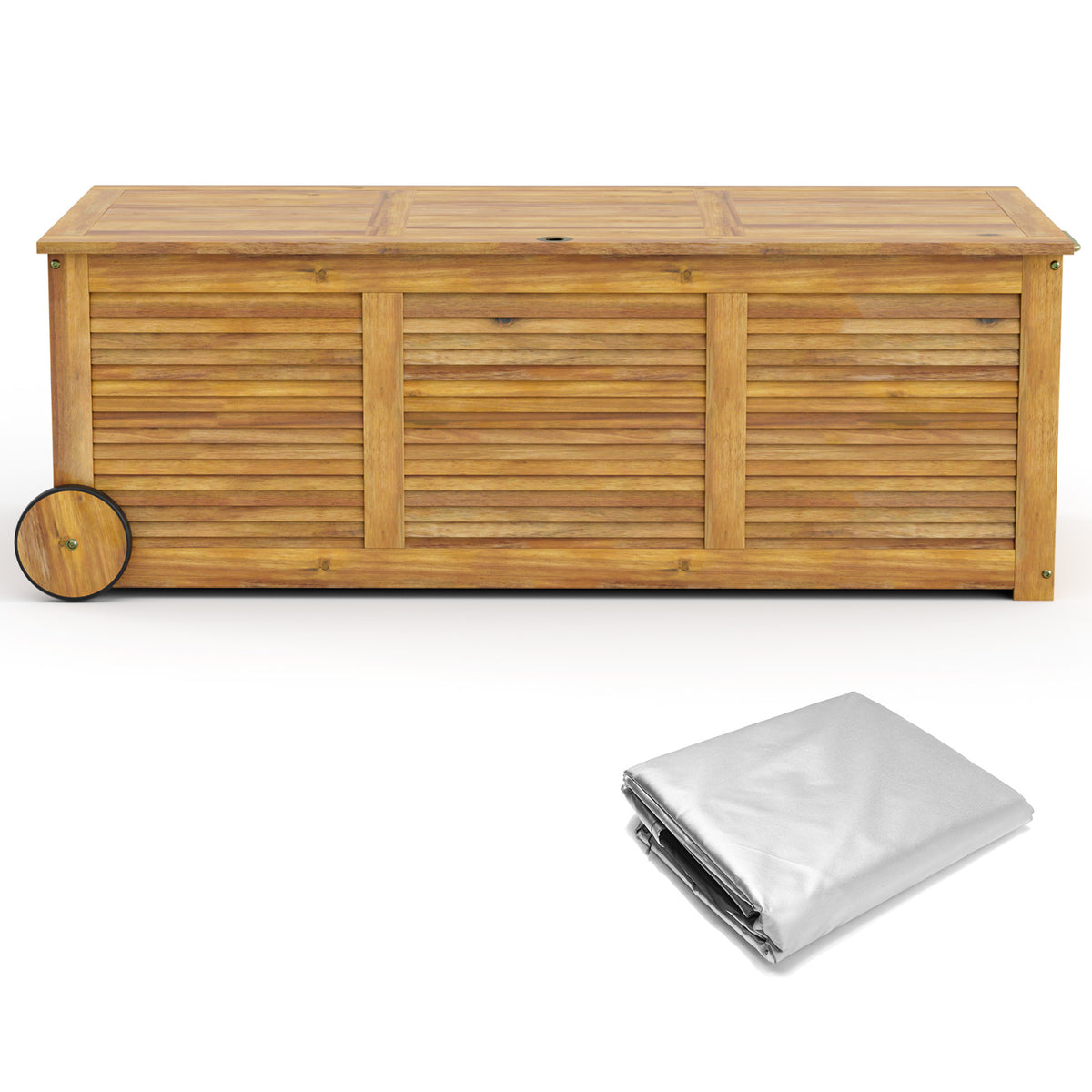 Patio Storage Cabinet 2-Door Acacia Wood Container with Faux Marble