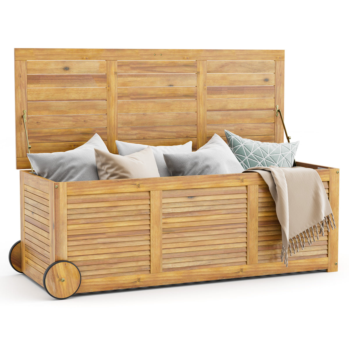 Rolling Patio Wooden Deck Box with 2 Wheels and Side Handle for