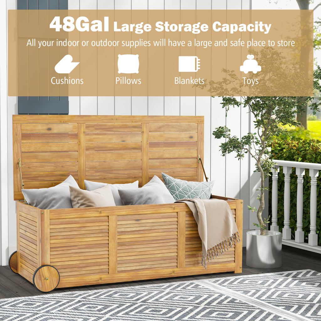 Rolling Patio Wooden Deck Box with 2 Wheels and Side Handle for
