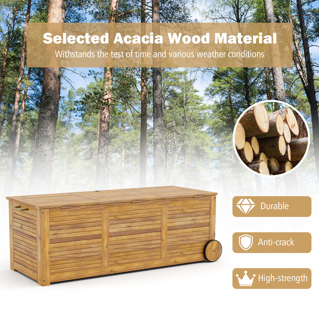 Rolling Patio Wooden Deck Box with 2 Wheels and Side Handle for