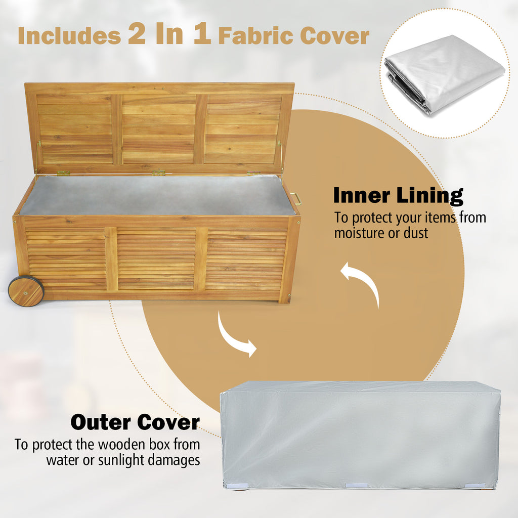 Rolling Patio Wooden Deck Box with 2 Wheels and Side Handle for