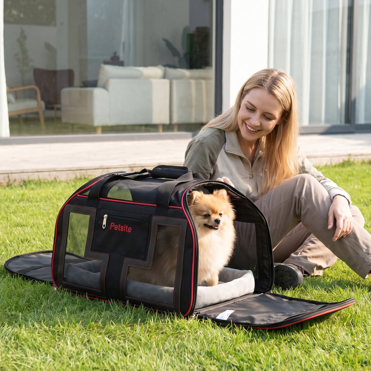 Pet Carrier with Wheels & Telescopic Handle - Mesh Windows, Detachable Bag - Red, Variation of THIS listing