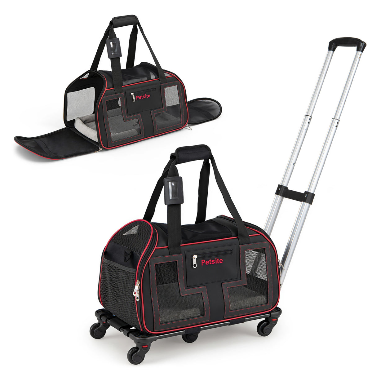 Pet Carrier with Wheels & Telescopic Handle - Mesh Windows, Detachable Bag - Red, Variation of THIS listing