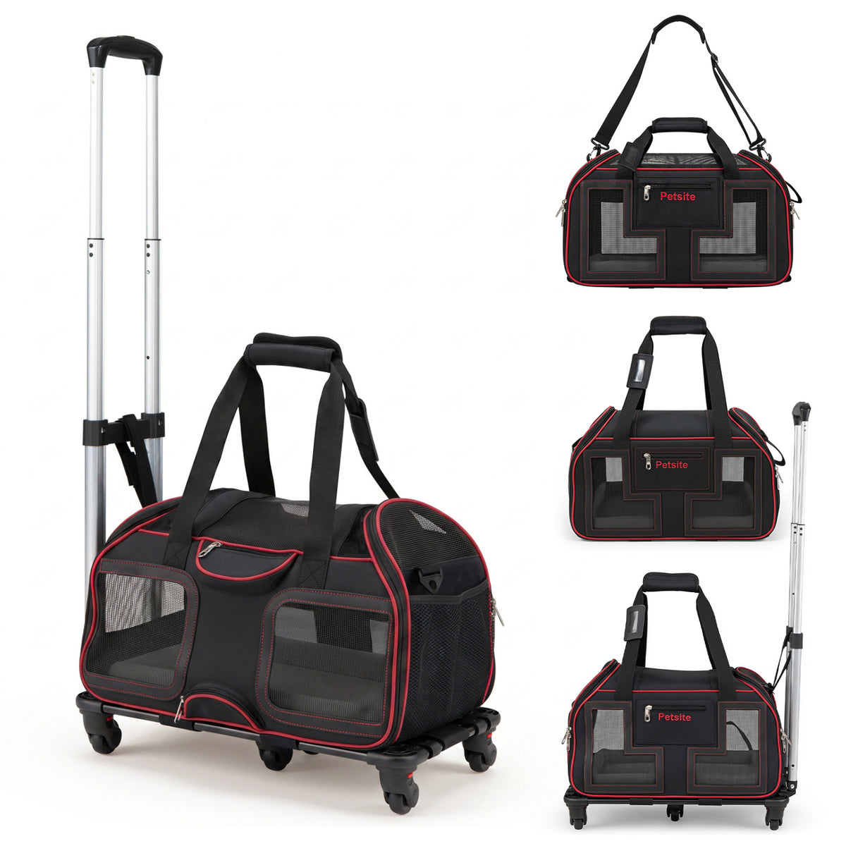 Pet Carrier with Wheels & Telescopic Handle - Mesh Windows, Detachable Bag - Red, Variation of THIS listing