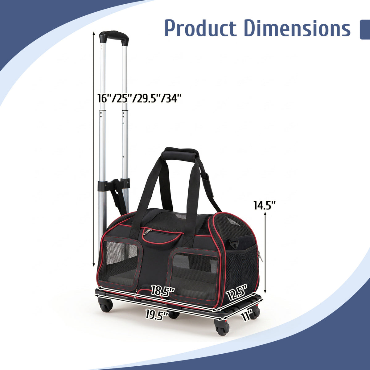 Pet Carrier with Wheels & Telescopic Handle - Mesh Windows, Detachable Bag - Red, Variation of THIS listing