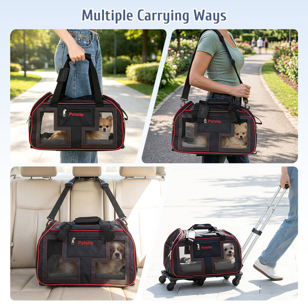Pet Carrier with Wheels & Telescopic Handle - Mesh Windows, Detachable Bag - Red, Variation of THIS listing