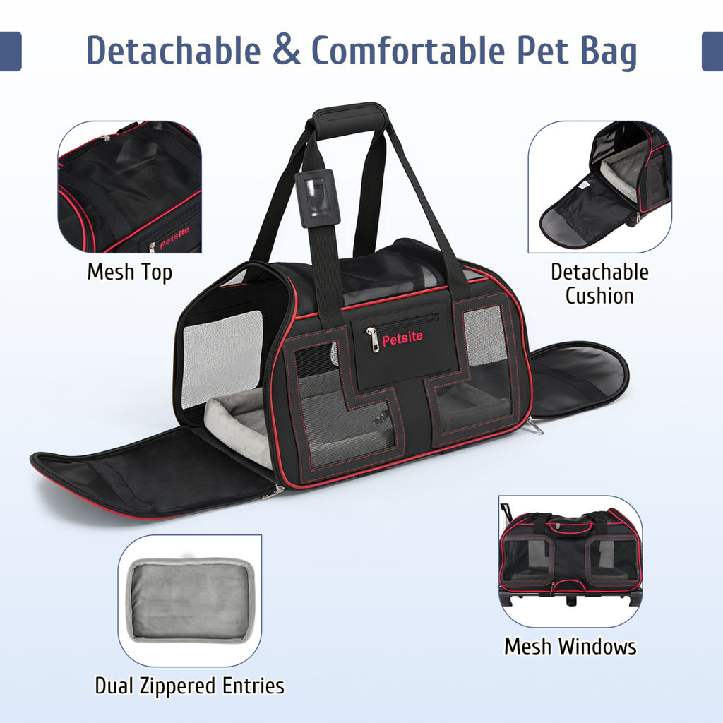 Pet Carrier with Wheels & Telescopic Handle - Mesh Windows, Detachable Bag - Red, Variation of THIS listing