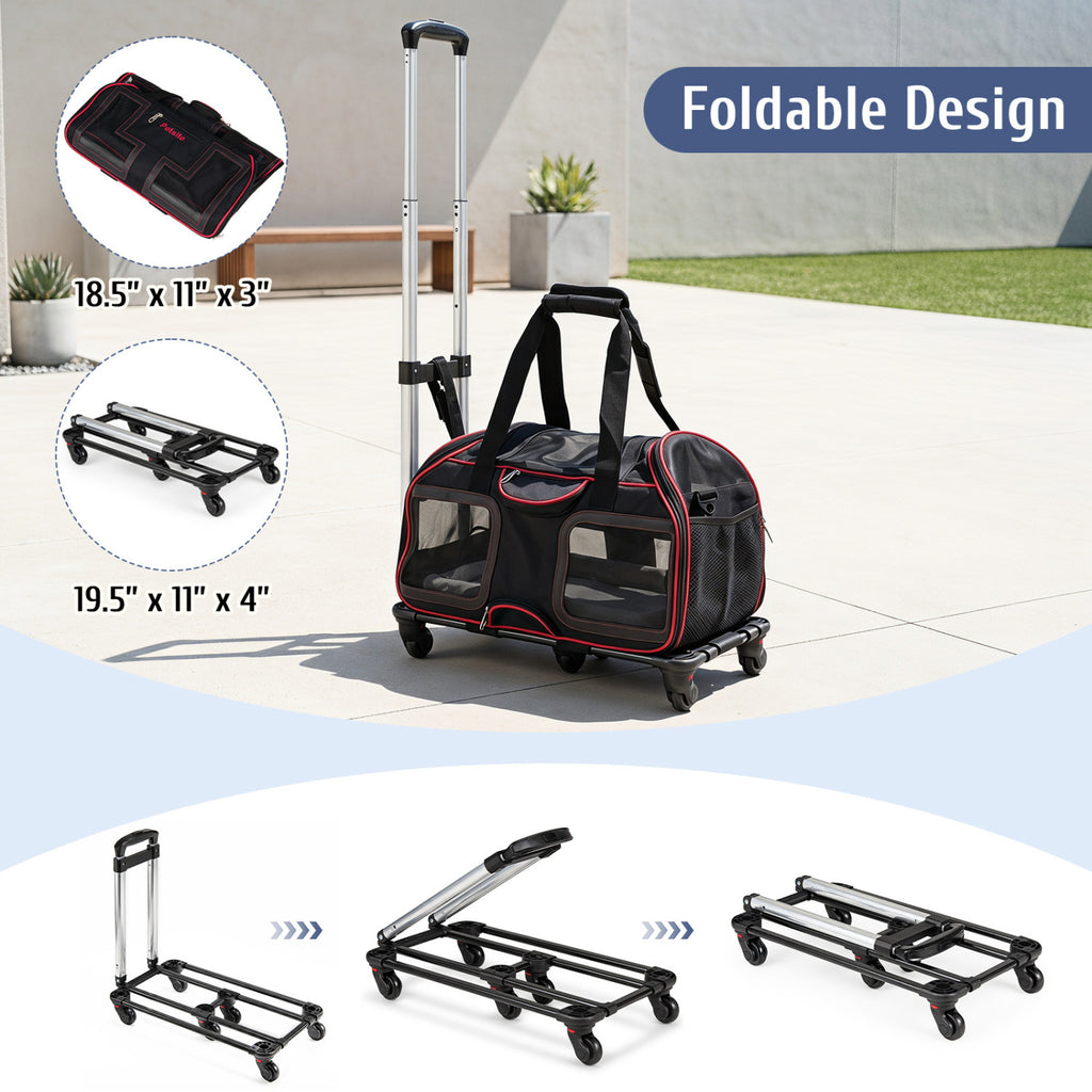 Pet Carrier with Wheels & Telescopic Handle - Mesh Windows, Detachable Bag - Red, Variation of THIS listing