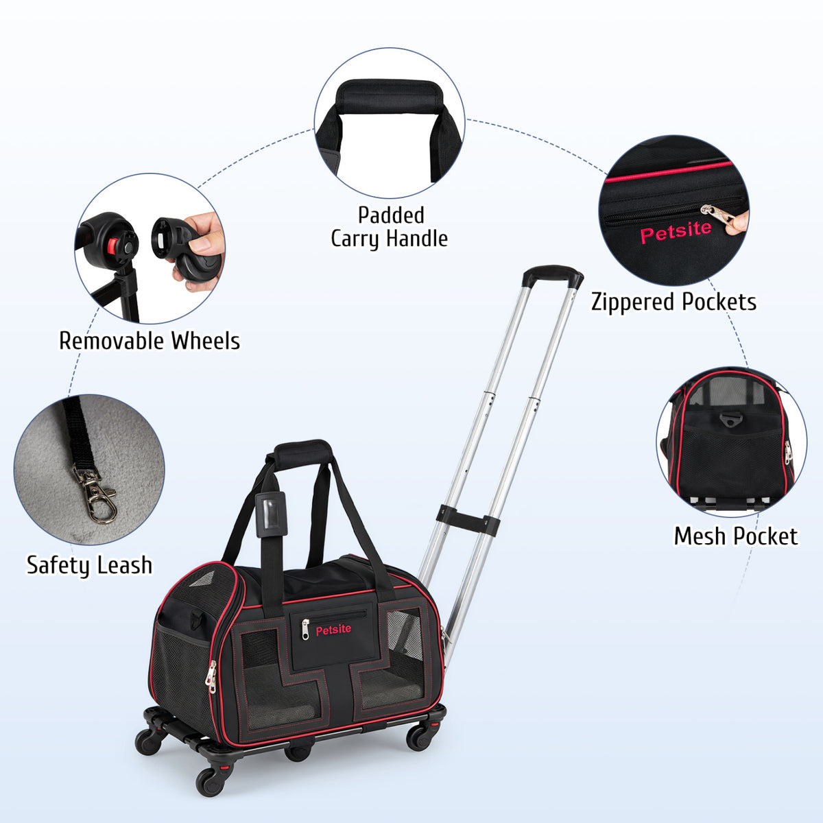 Pet Carrier with Wheels & Telescopic Handle - Mesh Windows, Detachable Bag - Red, Variation of THIS listing