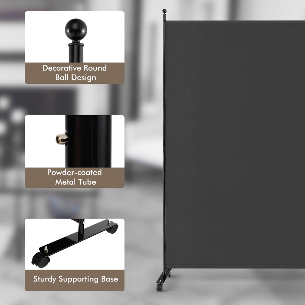 6 Feet Single Panel Rolling Room Divider with Wheels - Dark Gray