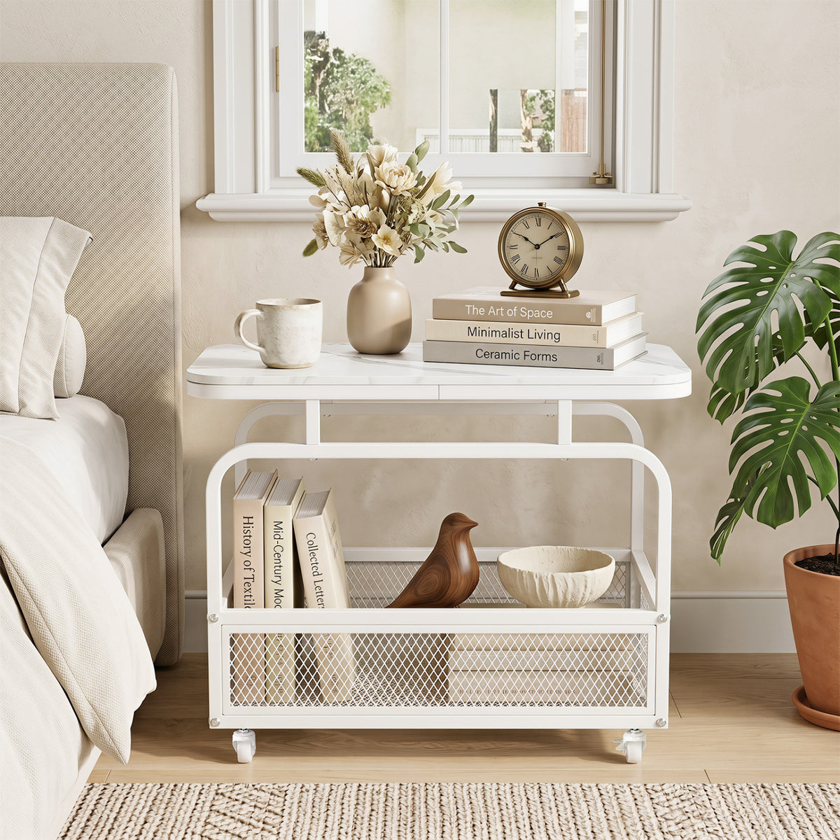 Rolling Side Table 2-Tier with Storage Basket - White