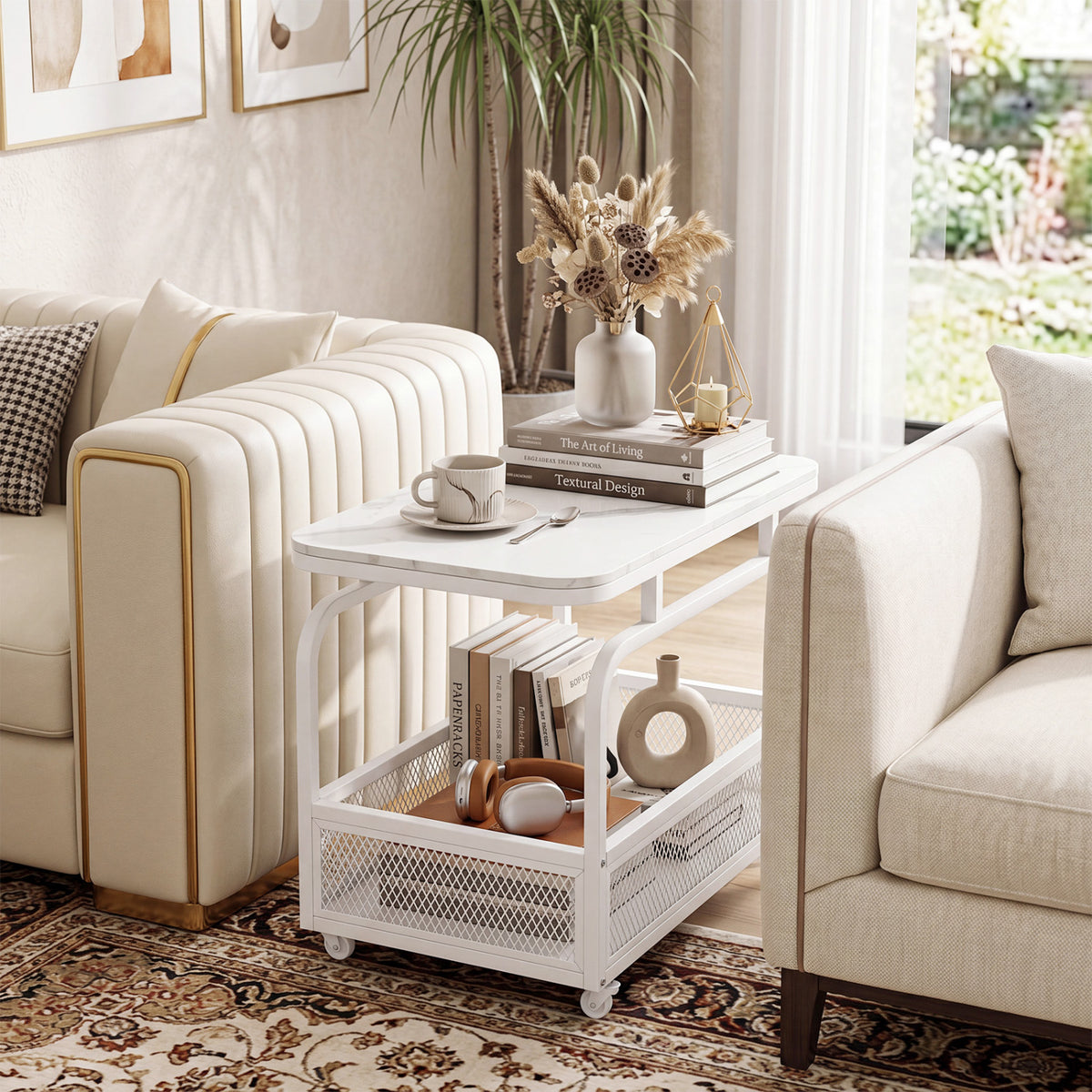 Rolling Side Table 2-Tier with Storage Basket - White