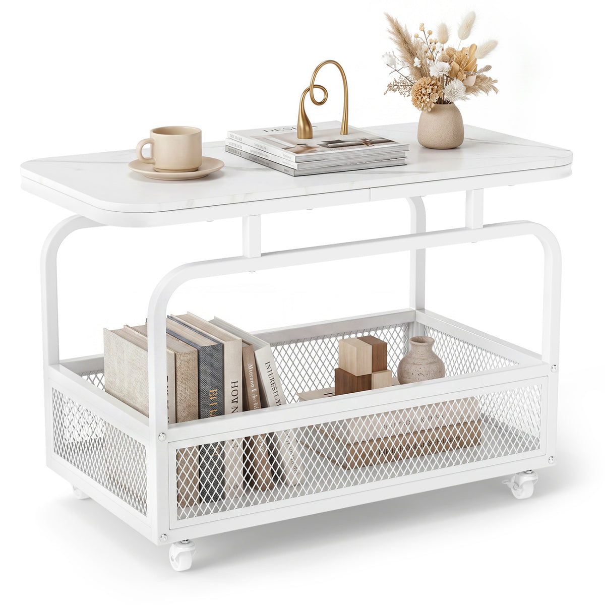 Rolling Side Table 2-Tier with Storage Basket - White