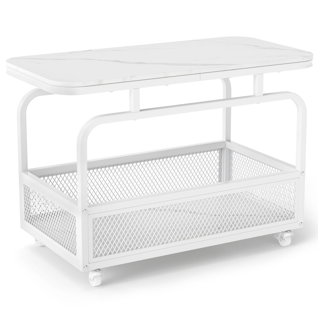 Rolling Side Table 2-Tier with Storage Basket - White