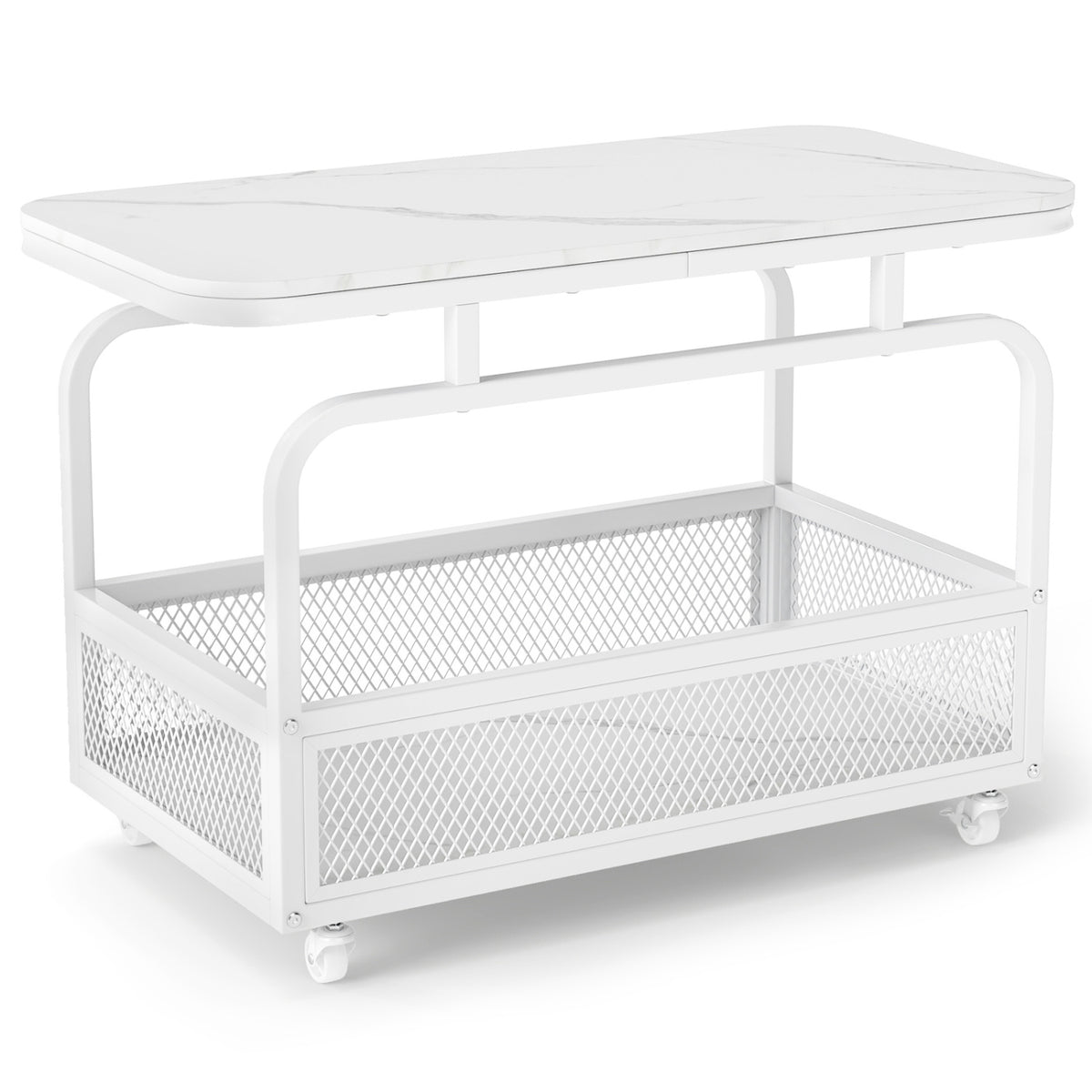 Rolling Side Table 2-Tier with Storage Basket - White