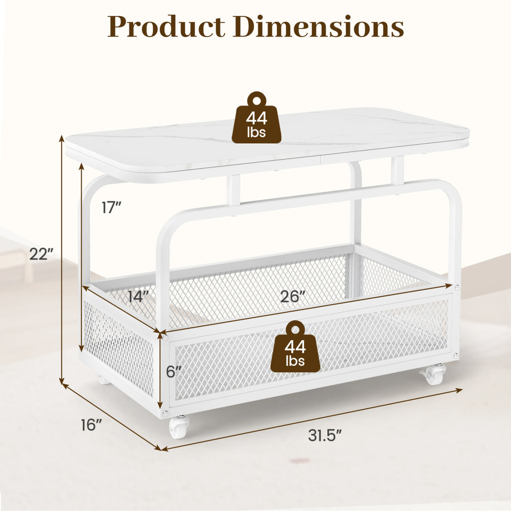 Rolling Side Table 2-Tier Faux Marble Top with Storage Basket - White
