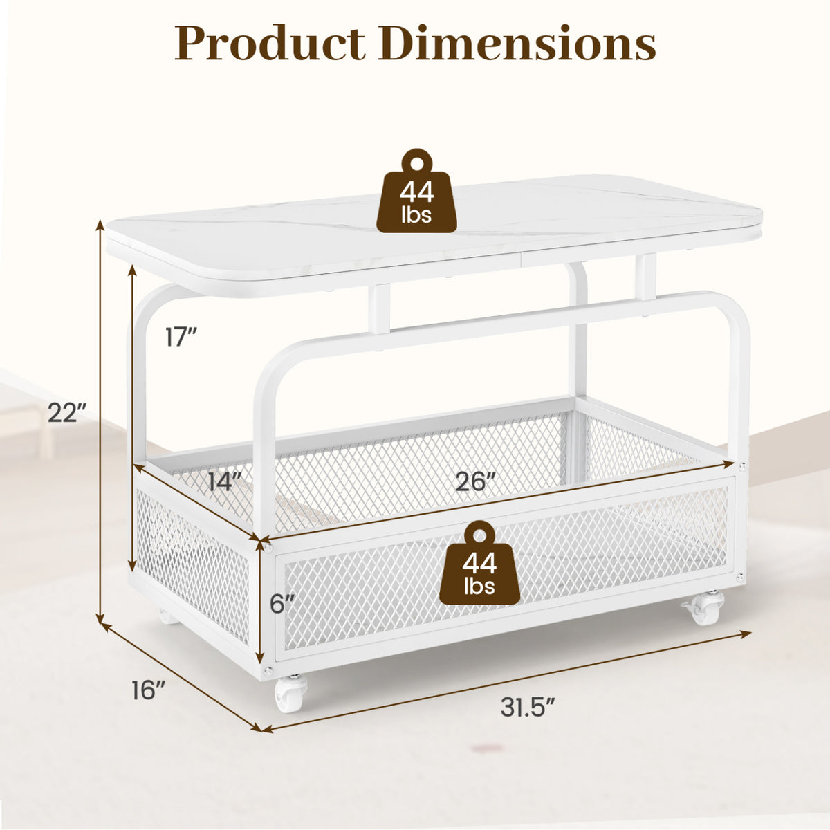 Rolling Side Table 2-Tier Faux Marble Top with Storage Basket - White