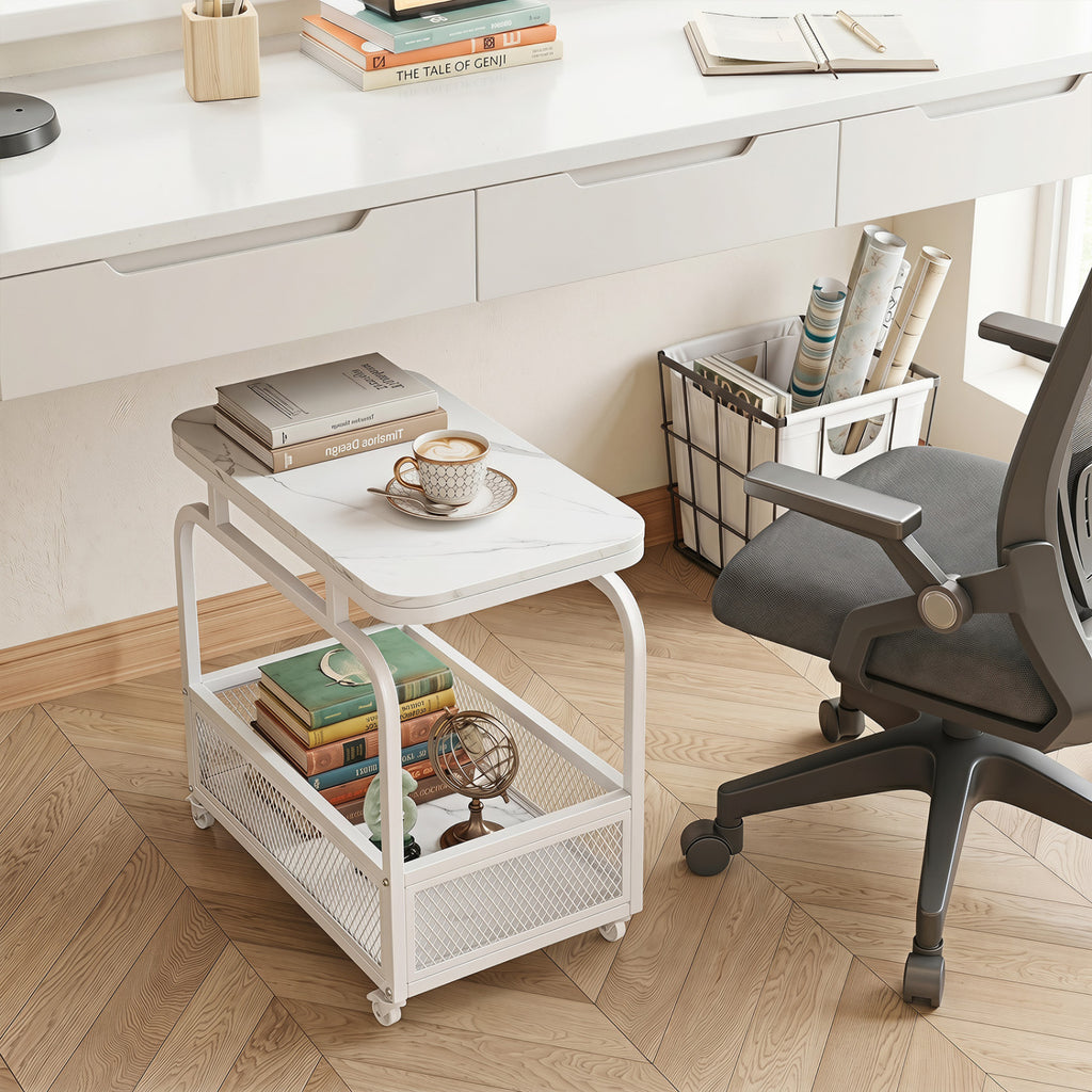 Rolling Side Table 2-Tier with Storage Basket - White