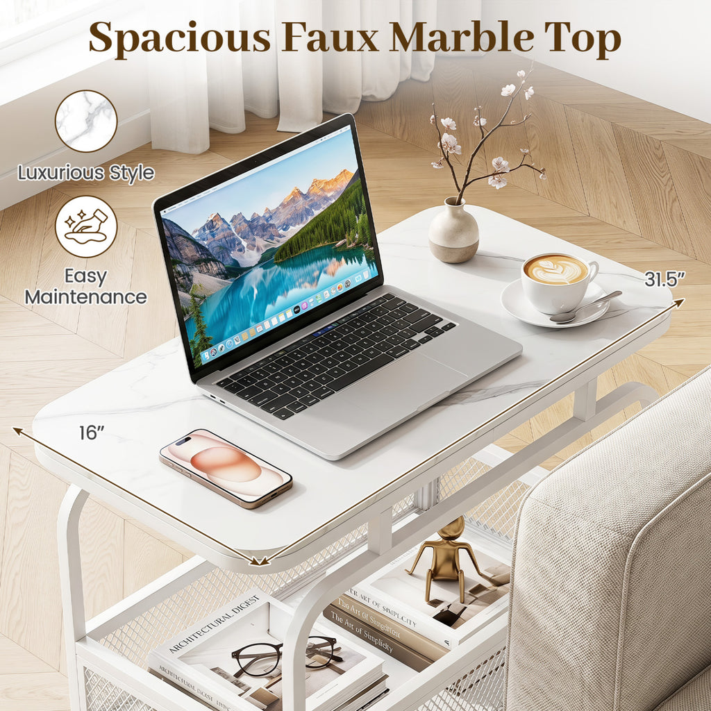 Rolling Side Table 2-Tier Faux Marble Top with Storage Basket - White