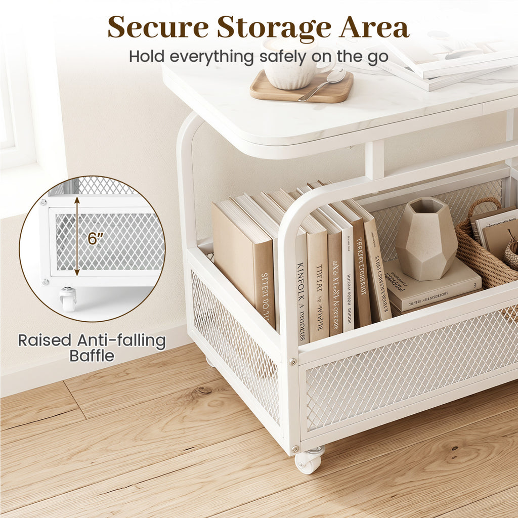 Rolling Side Table 2-Tier with Storage Basket - White