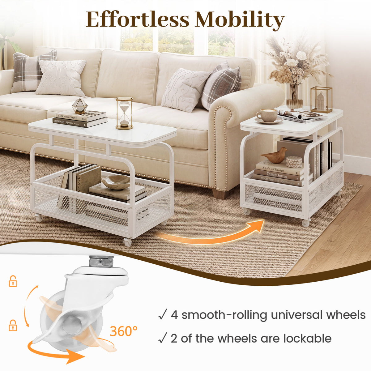 Rolling Side Table 2-Tier with Storage Basket - White