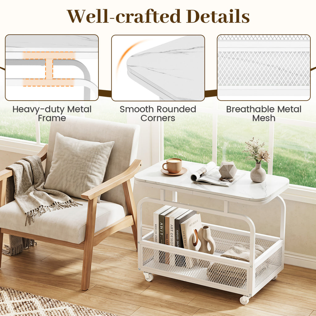Rolling Side Table 2-Tier with Storage Basket - White