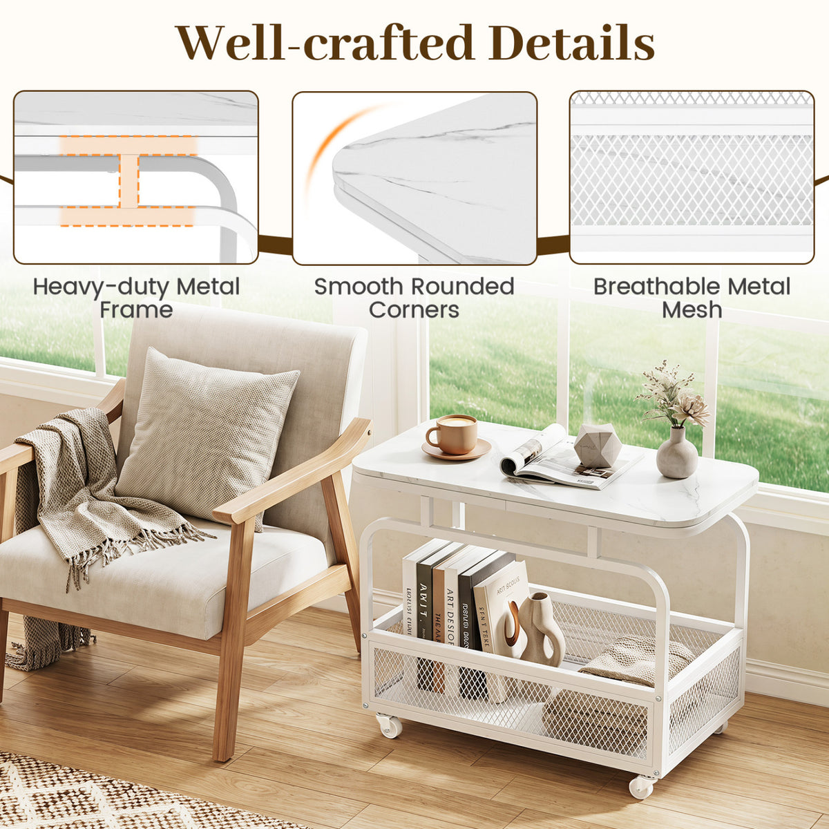 Rolling Side Table 2-Tier with Storage Basket - White