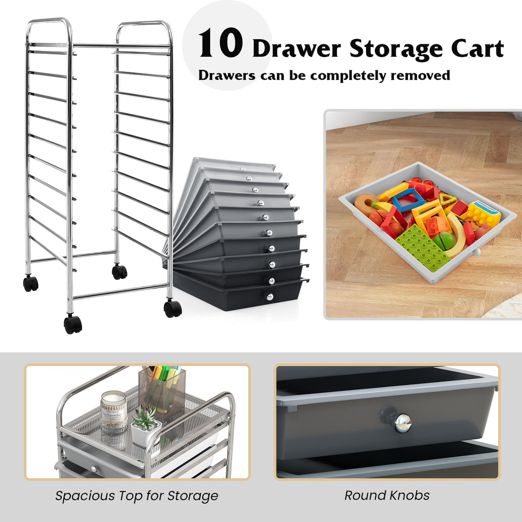 10 Drawer Rolling Storage Cart Organizer with 4 Universal Casters